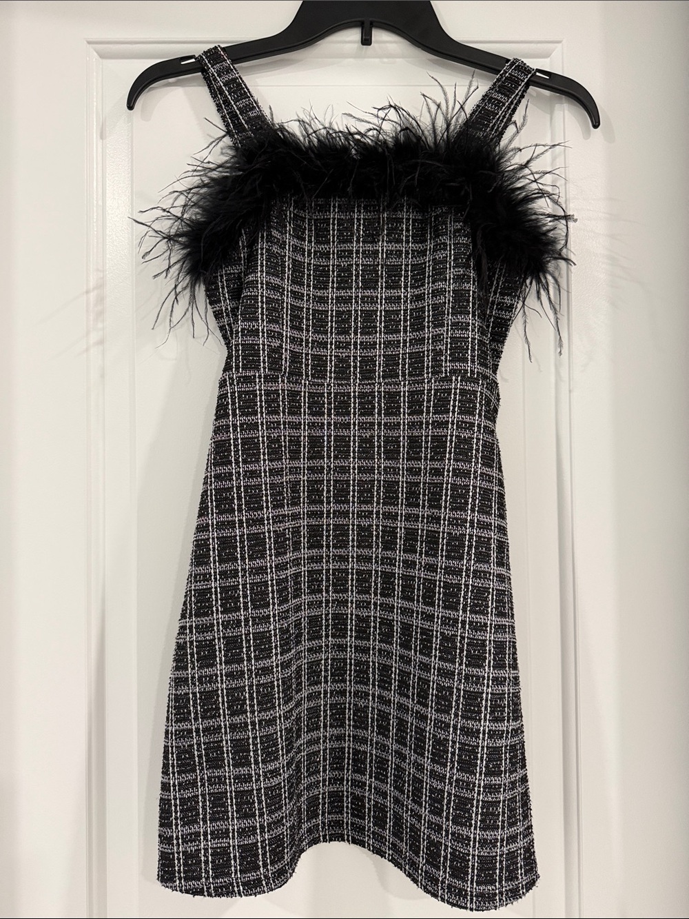 Girls dress.  Speechless Black and White Tweed Mini Dress with Feather Trim